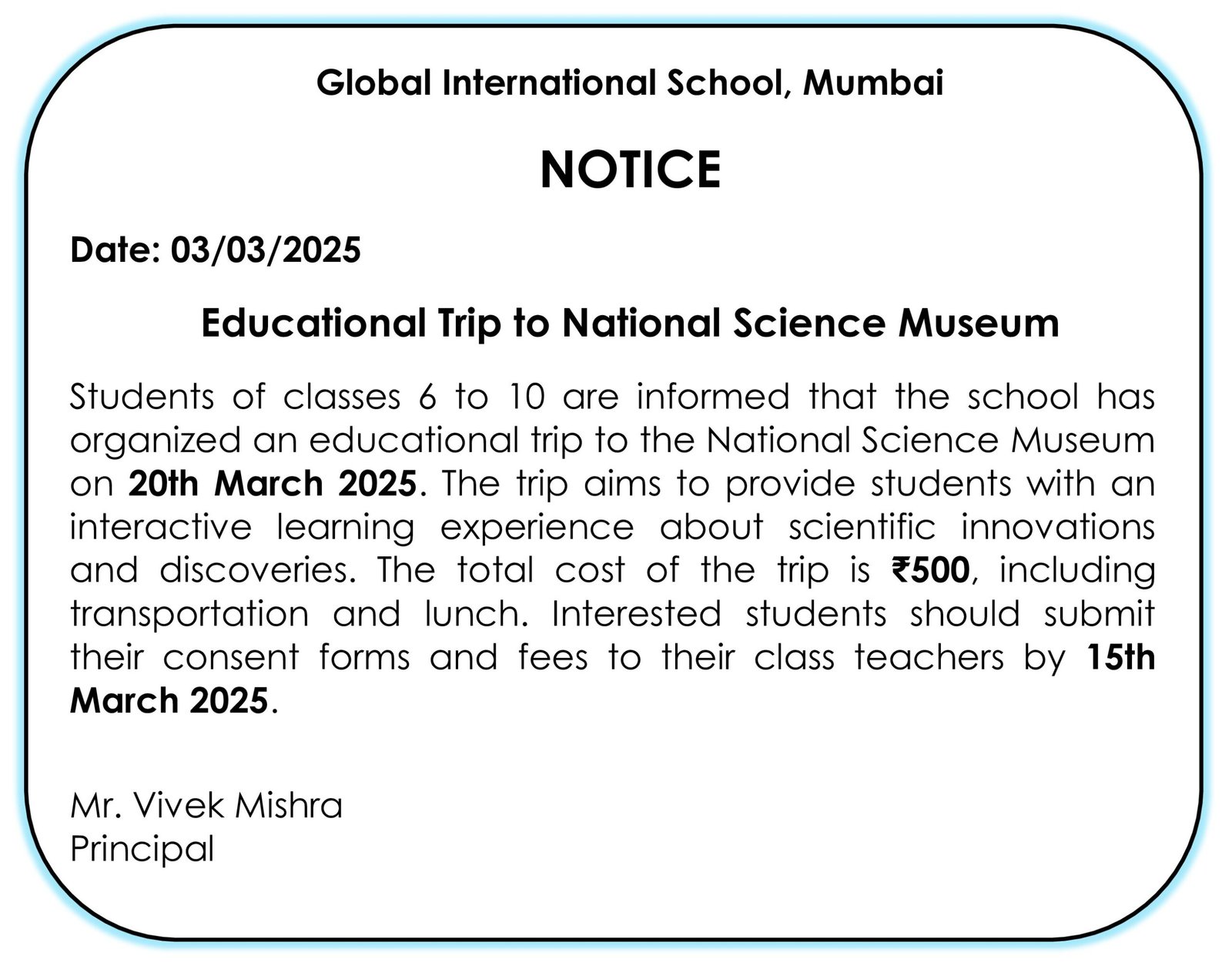 001-Notice Writing_Write a Notice regarding  'School Trip Announcement'