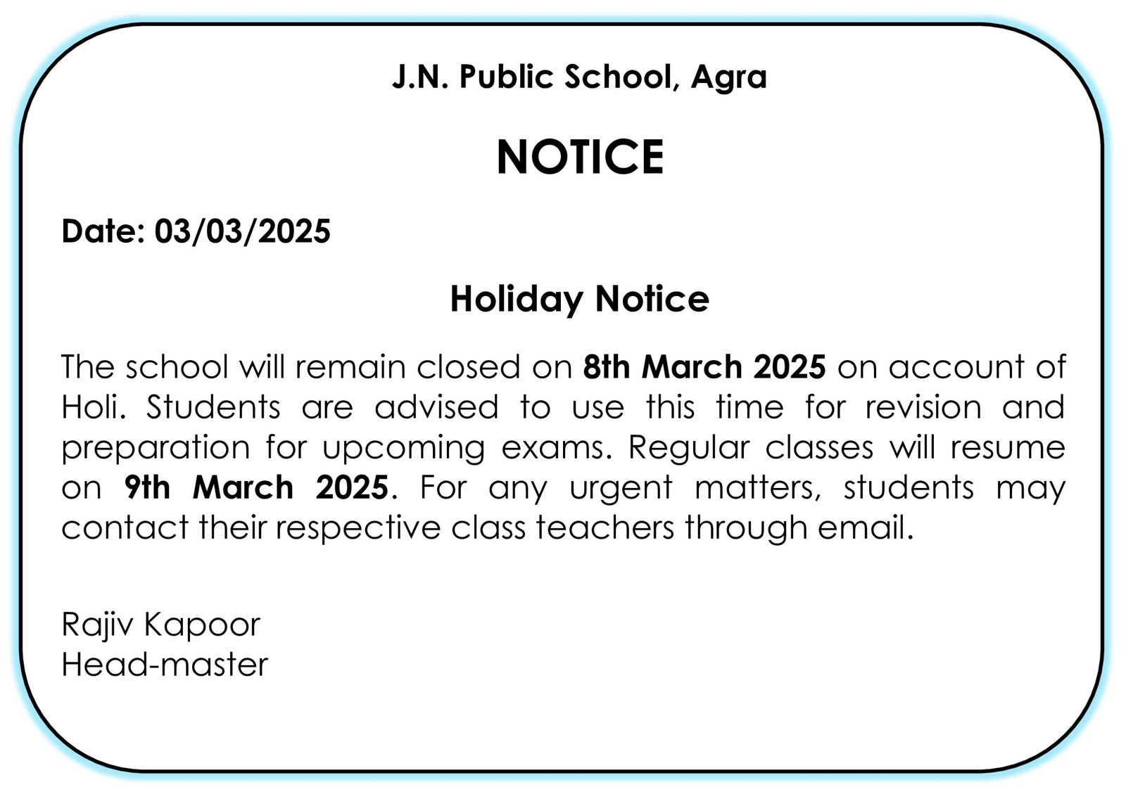 002-Notice Writing_Write a Notice regarding  'Holiday Announcement'